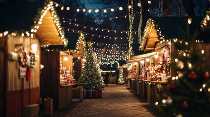 Obraz premium Christmas market stalls illuminated with twinkling lights, creating a magical atmosphere.