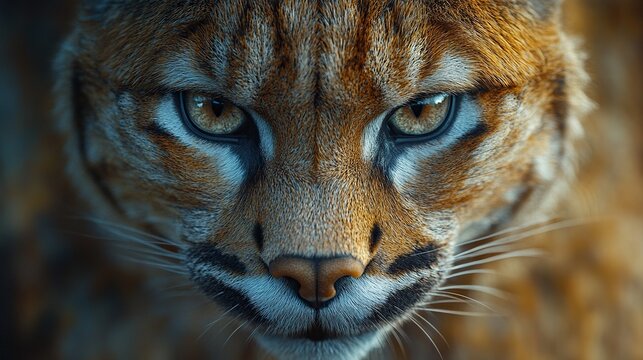 A close-up of a wild puma's head features detailed feather textures and beautiful eyes.