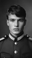 Fototapeta premium A black and white vintage portrait of a man in a formal military uniform.