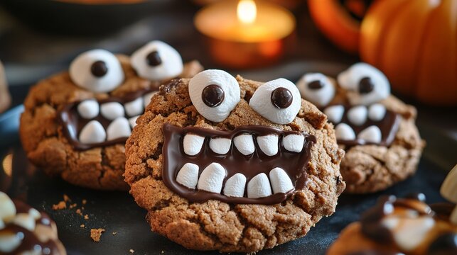 photo of monster cookies with chocolate and marshmallows, cute Halloween party food