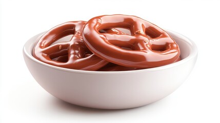 A bowl of brown candy pieces sits on a white background