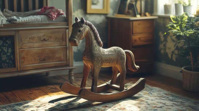 A whimsical, wooden rocking horse with intricate carvings, in a cozy nursery. - Powered by Adobe