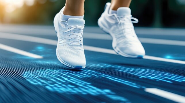 An athletic man in blue activewear runs energetically, enhanced by digital data visualizations related to various sports events in a futuristic urban environment