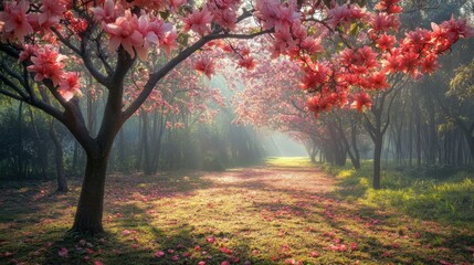 Naklejka premium A tranquil woodland during the 'hoa hoa hoa season,' where the trees are alive with vibrant blooms. 