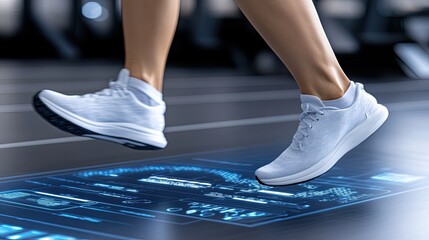 An athletic man in blue activewear runs energetically, enhanced by digital data visualizations related to various sports events in a futuristic urban environment