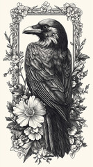 Fototapeta premium Framed crow on a branch vintage engraved illustration, Ai