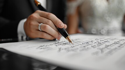 Naklejka premium A couple pens their vows in a moment of love and commitment during an intimate wedding ceremony. Generative AI