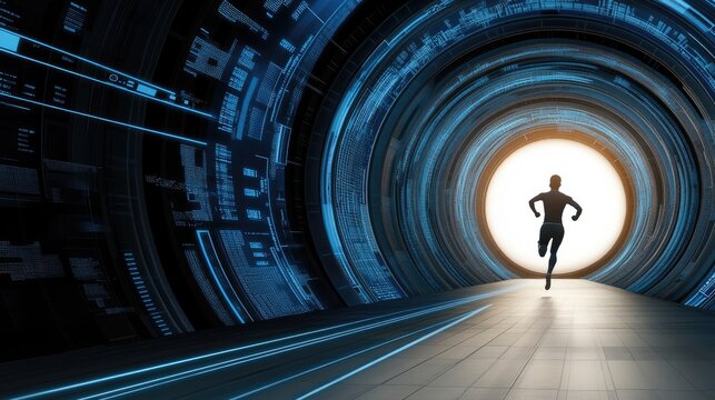 An athletic man in blue activewear runs energetically, enhanced by digital data visualizations related to various sports events in a futuristic urban environment