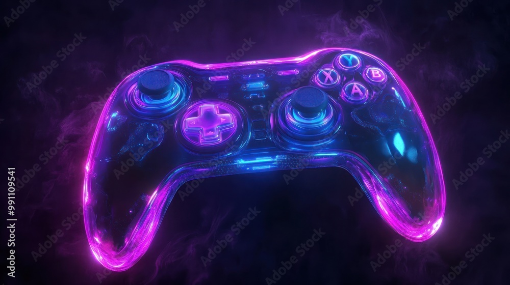 Canvas Prints neon glowing video game controller with smoke effect.
