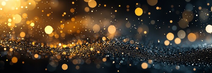 A banner with abstract glitter lights. Gold and black. Defocused.