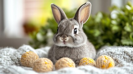A cute gray bunny poses against a white background.