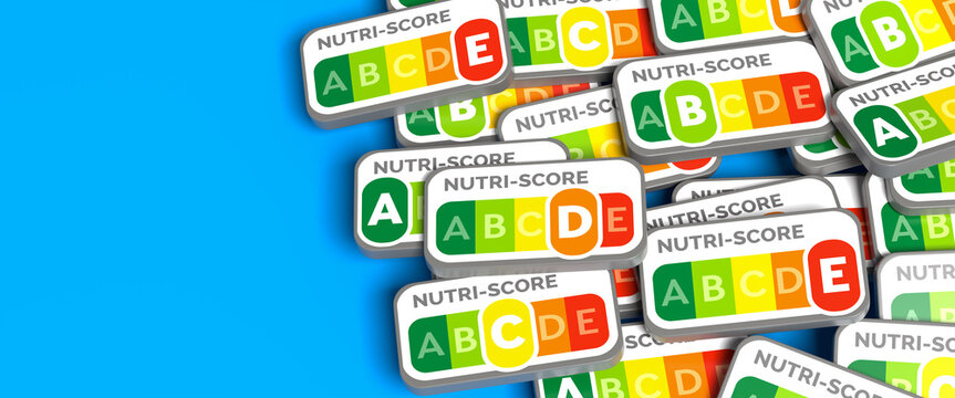 A heap of Labels A B C D and E of the nutrition labelling system Nutri-Score being used in most of the countries of Western Europe.