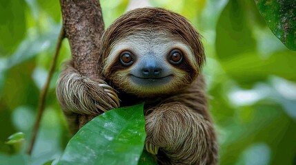 Fototapeta premium A cute sloth clings to a tree branch in a rainforest setting.