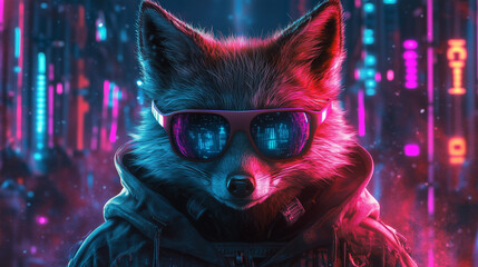 Cyberpunk Fox With Neon Reflections on Futuristic Sunglasses Urban Neon Lights