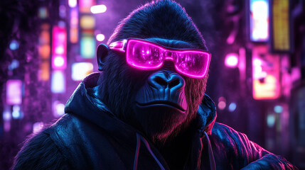 Obraz premium Gorilla Wearing Futuristic Neon Glasses in Cyberpunk Hoodie In Vibrant Night City Scene