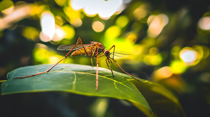 Naklejka premium Close-up of mosquito resting on leaf in tropical forest, emphasizing its role in transmitting viruses, shallow depth of field.