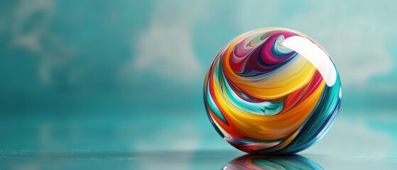A colorful ball with a rainbow swirl pattern sits on a blue surface