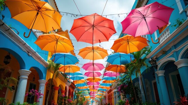 Colorful umbrellas suspended over a vibrant street in Cartagena, creating a lively and artistic atmosphere. Generative AI