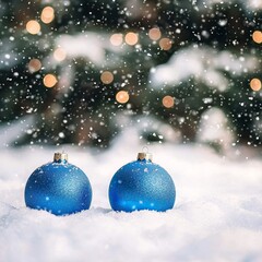 The Christmas ball is blue, surrounded by fir branches, on a white background. Happy Xmas.