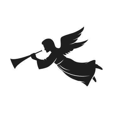 recommend clip art: A black silhouette illustration of a flying angel with a trumpet and outstretched wings.