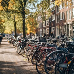 Many bicycles parked on the street of Amsterdam, Netherlands. Typical dutch city view in Holland.