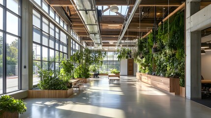 Biophilic Design Office: A bright, open office filled with large windows and lush greenery, incorporating natural materials like wood and stone. Hanging plants, green walls, and skylights flood the sp