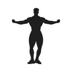A silhouette of a muscular man in a sporty pose, with arms spread wide and muscles tense.