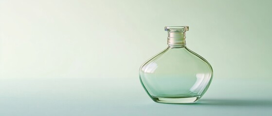 A clear glass bottle sits on a green background