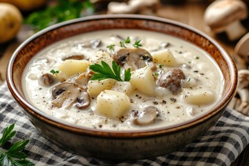 Creamy Mushroom Soup with Potato and Parsley Garnish