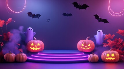 Halloween background with pumpkins, ghosts, bats and glowing neon lights.