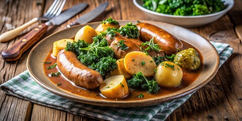 Dutch stamppot of potatoes, kale, sausages and gravy on a plate, Dutch, stamppot, potatoes, kale, sausages, gravy