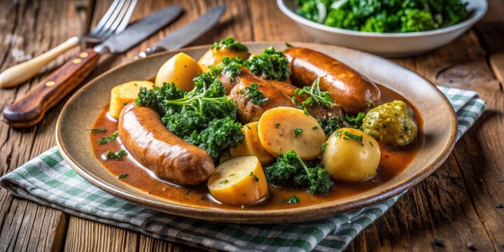 Dutch stamppot of potatoes, kale, sausages and gravy on a plate, Dutch, stamppot, potatoes, kale, sausages, gravy