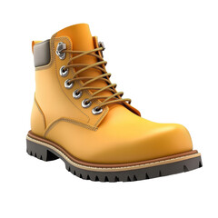 Stylish yellow work boot with sturdy design and lace-up closure, perfect for construction and outdoor activities., isolated on a transparent background.