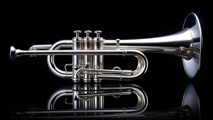 Fototapeta premium A shiny silver plated trumpet on a black background, music, instrument, brass, shiny, silver, trumpet, band, jazz