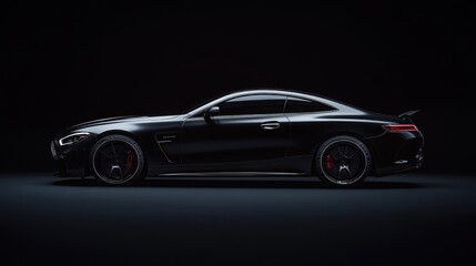Black luxury car with a rear wing in a dark background.