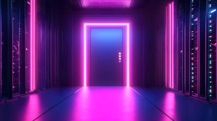 Futuristic entrance with neon lights in a modern server room, digital ambiance.