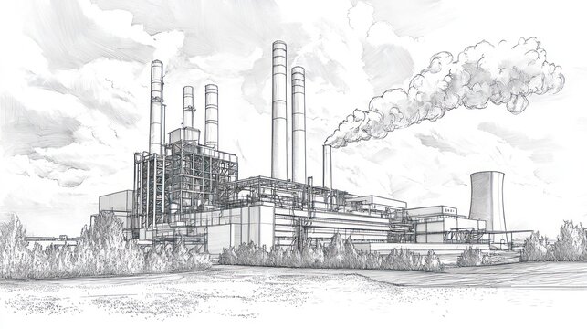 Sketch of an industrial power plant with tall smoke stacks and smoke coming from one stack.