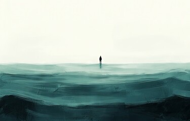 Painting artwork of a man alone on a grass field. Conceptual artwork of hope and loneliness