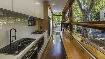 Elegant Modern Kitchen: White Simplicity Meets Stainless Steel and Green Garden Views