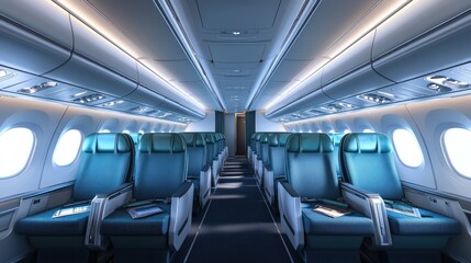 Naklejka premium Empty airplane seats in an aircraft cabin with overhead compartments and windows.