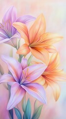 Fototapeta premium A painting of three flowers, two of which are pink and one is orange