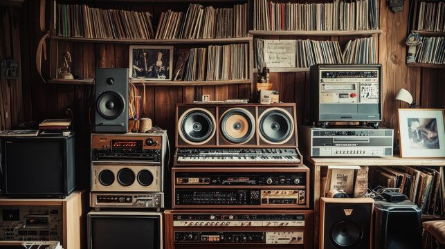 Vintage audio equipment and vinyl records on wooden shelves.
