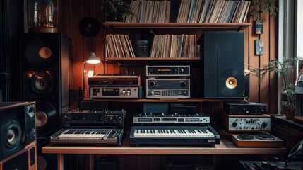 Fototapeta premium Vintage audio equipment and a keyboard sit on a wooden table, with a shelf full of vinyl records above.