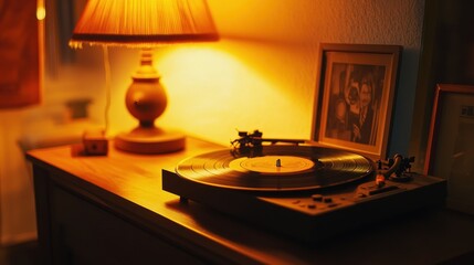 Close-up of a vintage record player with a lamp and photo frames in the background.