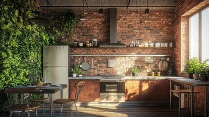 Naklejka premium Modern Kitchen with Brick Wall, Stainless Steel Appliances, and a Green Wall.