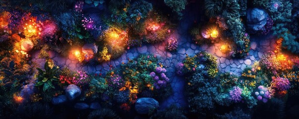 Fototapeta premium A birds-eye view of surreal urban gardens brimming with colorful culinary artistry, magical glowing lights, whimsical paths