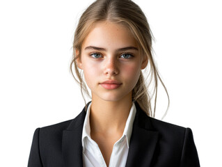 A woman wearing a black suit and white shirt