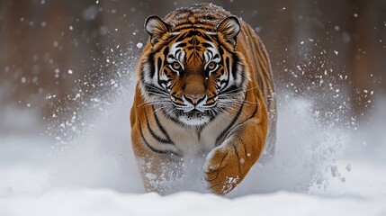 Fototapeta premium A majestic Siberian tiger runs through winter snow, captured in a powerful portrait.