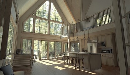 Drawing of house construction framing leading to a kitchen design