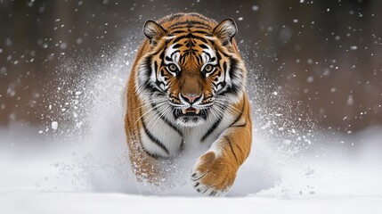 Obraz premium A majestic Siberian tiger runs through winter snow, captured in a powerful portrait.
